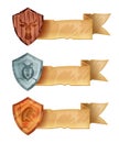 Rank game badge icon set, vector shield medal UI award, wooden deer, silver wolf, bronze horse on white.