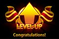 Level UP icon, game screen. Vector illustration with arrow and red award ribbon. Graphical user interface GUI to build