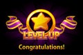 Level UP icon, game screen. Vector illustration with golden star and puple award ribbon. Graphical user interface GUI to Royalty Free Stock Photo