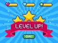 Level Up screen. Pixel video game achievement, pixels 8 bit games ui and gaming level progress vector illustration Royalty Free Stock Photo