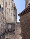 Levels and ancient arched passages inside the famous Rocamadour castle. Lot, Occitania