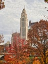 The LeVeque Tower with fall colors and stormy clouds Columbus ohio USA Royalty Free Stock Photo