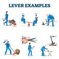 Lever examples vector illustration. Labeled load, effort, fulcrum collection Royalty Free Stock Photo