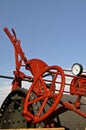 Levers, gauge, and steering wheel of a steam engine