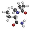 Levetiracetam epilepsy (seizures) drug molecule. S-isomer of etiracetam. Atoms are represented as spheres with conventional color