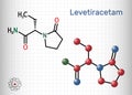 Levetiracetam molecule. It is pyrrolidine, anticonvulsant medication used to treat epilepsy. Structural chemical formula, molecule