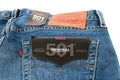 Levi's logo and badges is displayed on Levi Strauss 501 jeans. New LEVI'S 501 Jeans. Classic jeans model Royalty Free Stock Photo