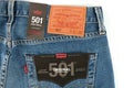 Levi's logo and badges is displayed on Levi Strauss 501 jeans. New LEVI'S 501 Jeans. Classic jeans model Royalty Free Stock Photo