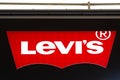 Levi's shop sign logo at Ashford Outlet Center, Kent, England, UK.