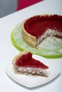 Levington sliced cake with raspberry jelly, chocolate and coconut. Garnished with raspberries Royalty Free Stock Photo