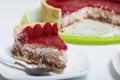 Levington sliced cake with raspberry jelly, chocolate and coconut. Garnished with raspberries