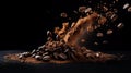 levitate explosion of ground coffee with roasted beans on black background. Generative Ai