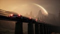 A levitating alien train sweeps across an unknown beautiful planet. 3D Rendering.