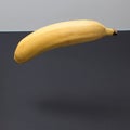 A levitating banana with copy space on a black and white background. Minimal fruit scene