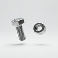 A levitating bolt and matching nut, slightly separated, against a solid white background. Royalty Free Stock Photo