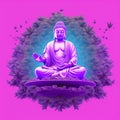 levitating buddha on a big leaves of cannabis parad on pink background generative AI