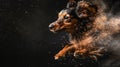 Levitating canine in metallic sheen highspeed capture with light trails in studio environment