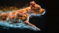 Levitating canine in metallic sheen, highspeed studio photography with experimental light trails