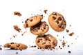 Levitating chocolate chip cookies against a neutral white surface. Generative AI