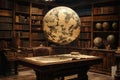 A levitating flying globe suspended above a mahogany desk in a dimly lit study, surrounded by antique books, library Royalty Free Stock Photo