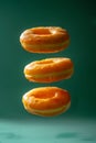Levitating Glazed Donuts Against Teal Background Contemporary Food Art Concept