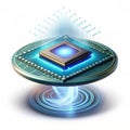 Levitating glowing microchip with rotating data flow