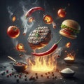 Levitating grilled steaks or burger chops with chili pepper and fire elements on a dark background. ai generative Royalty Free Stock Photo