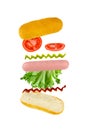 Levitating hot dog ingredients: sausage, mustard, ketchup, lettuce, tomatoes and bun. Isolated on white background Royalty Free Stock Photo