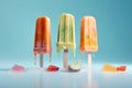 Levitating ice cream popsicles with strawberries on pastel background. Flying ice cream, summer dessert, frozen fruit juice. AI Royalty Free Stock Photo