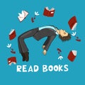 Levitating man in a gray suit on a blue background. Flying books in different positions. Poster read books. Vector graphics Royalty Free Stock Photo