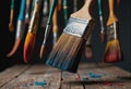 Levitating paint brushes and artistic tools create a dynamic composition Royalty Free Stock Photo