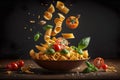 Levitating Pasta, Tomatoes And Basil In Plate On Wooden Table - Generative AI Royalty Free Stock Photo