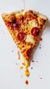 Levitating pizza slice with melting cheese strands and sauce drips on a white background