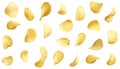 Levitating potato chips isolated on white background