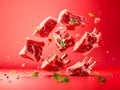 Levitating Raw Lamb Chops with Rosemary on Vibrant Red Background High Quality Meat Cut Presentation Royalty Free Stock Photo