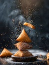 Levitating Sesame Samosas with a Dynamic Splash of Spices Against a Dark Moody Background for Culinary Concepts