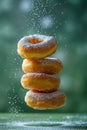 Levitating Sugared Doughnuts with Powdered Sugar Sprinkling on a Moody Green Blurred Background