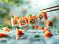 Levitating sushi rolls with caviar and ingredients in the air. Generative AI Royalty Free Stock Photo