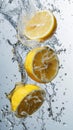 Levitating yellow juicy lemon halves fly with splashes of water. Fruit saturated with Vitamin C Royalty Free Stock Photo