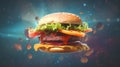 Levitation burger on futuristic background. Close-up. Creative design. Blurred effect. Generative Ai content