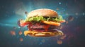 Levitation burger on futuristic background. Close-up. Creative design. Blurred effect. Generative Ai content.
