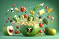 Levitation of cartoon foods screams, mouth open vegetables and fruits selection characters