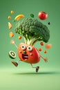 Levitation of cartoon foods vegetables and fruits selection characters