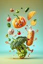 Levitation of cartoon foods vegetables and fruits selection characters