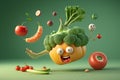 Levitation of cartoon foods vegetables and fruits selection characters