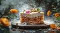 Levitation Concept: Foie Gras Terrine Surrounded by Floating Sun-Dried Tomatoes, Basil, and Bread Royalty Free Stock Photo