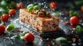 Levitation Concept: Foie Gras Terrine Surrounded by Floating Sun-Dried Tomatoes, Basil, and Bread Royalty Free Stock Photo