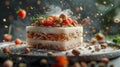 Levitation Concept: Foie Gras Terrine Surrounded by Floating Sun-Dried Tomatoes, Basil, and Bread Royalty Free Stock Photo