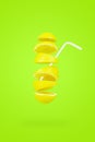 Levitation creative image with whole slices fresh lemon falling suspended in the air, zero gravity food conception