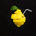 Levitation creative image with whole slices fresh lemon with green leave falling suspended in the air, zero gravity food
